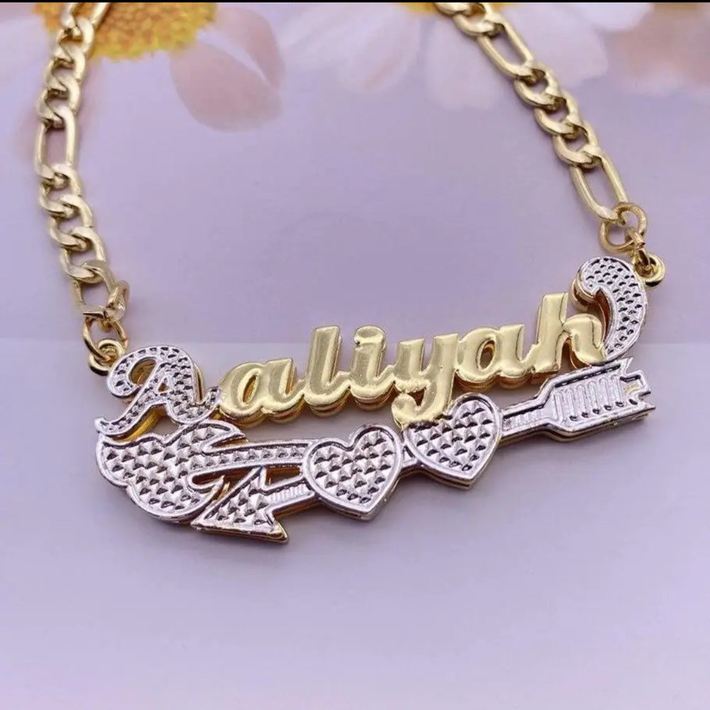 Double Plated Cupid's Heart Name Necklace w/Figaro Chain