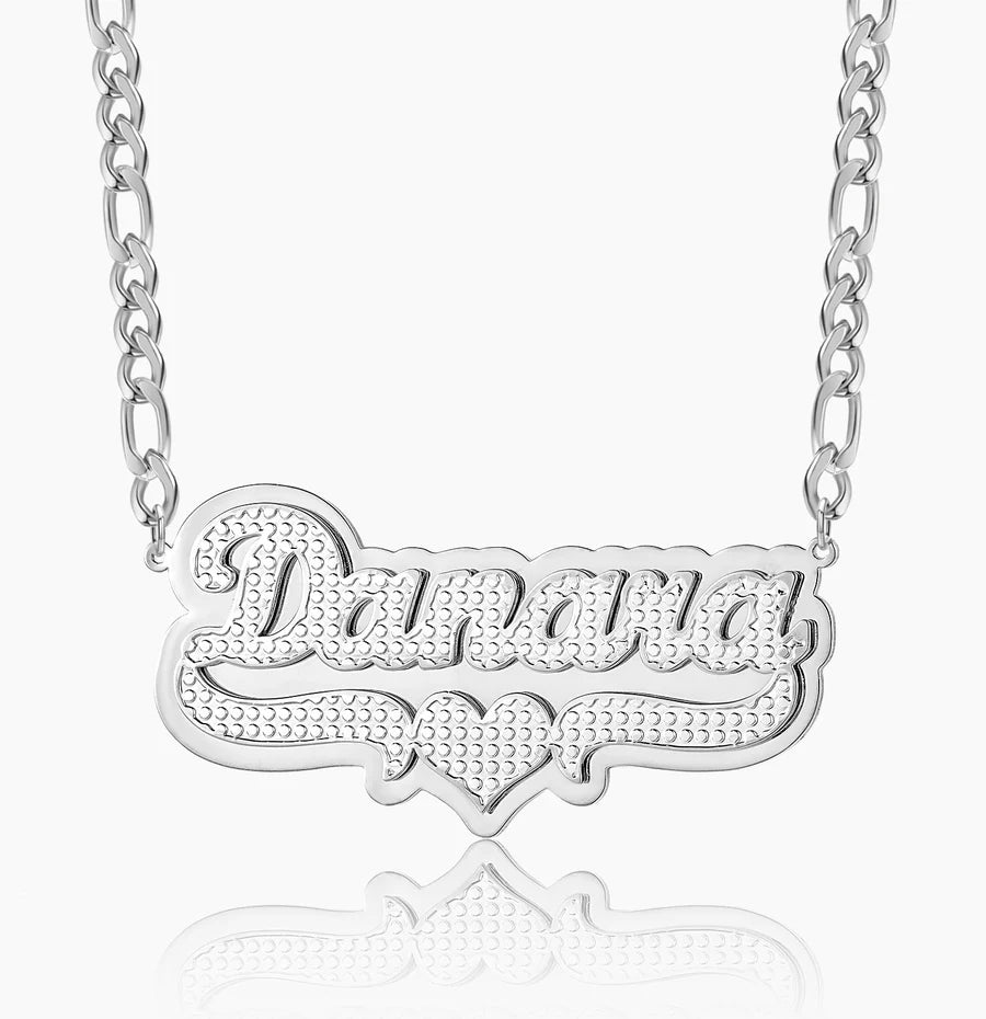 Double Plated 3D Heart Name Necklace w/Figaro Chain