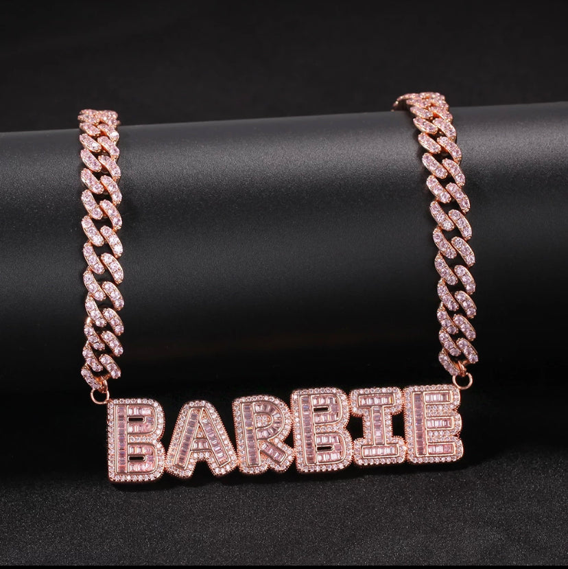 luxe cuban baguette name necklace plate